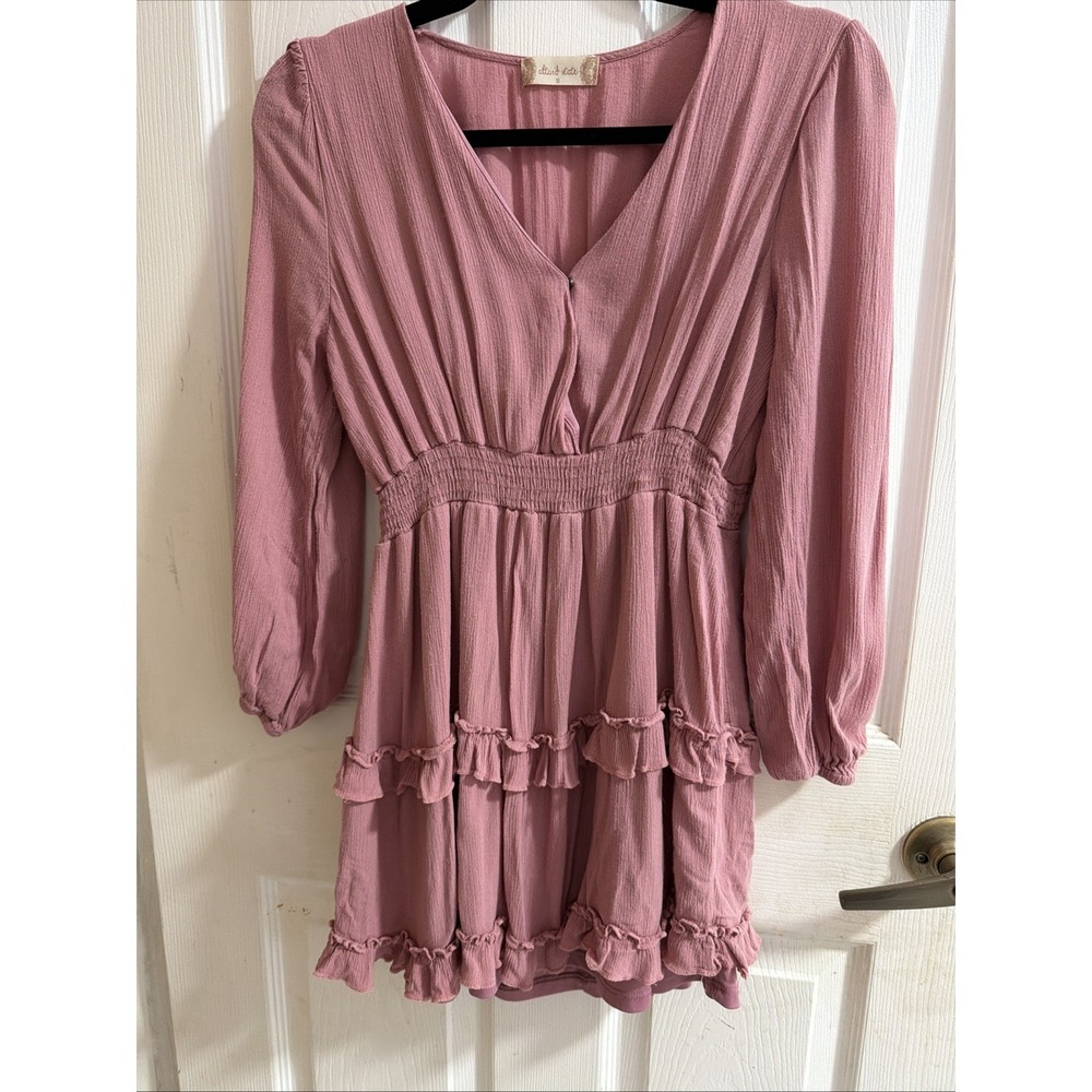 Altar'd State Dusty Rose Ruffled Dress V-Neck Long Sleeve Size Small
